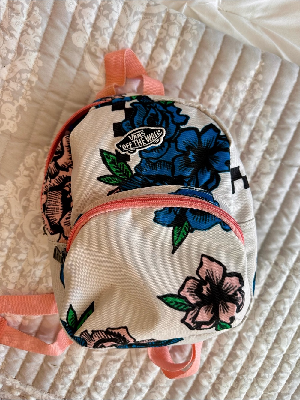 Vans White Mini Backpack with Pink Straps & Blue Floral Print